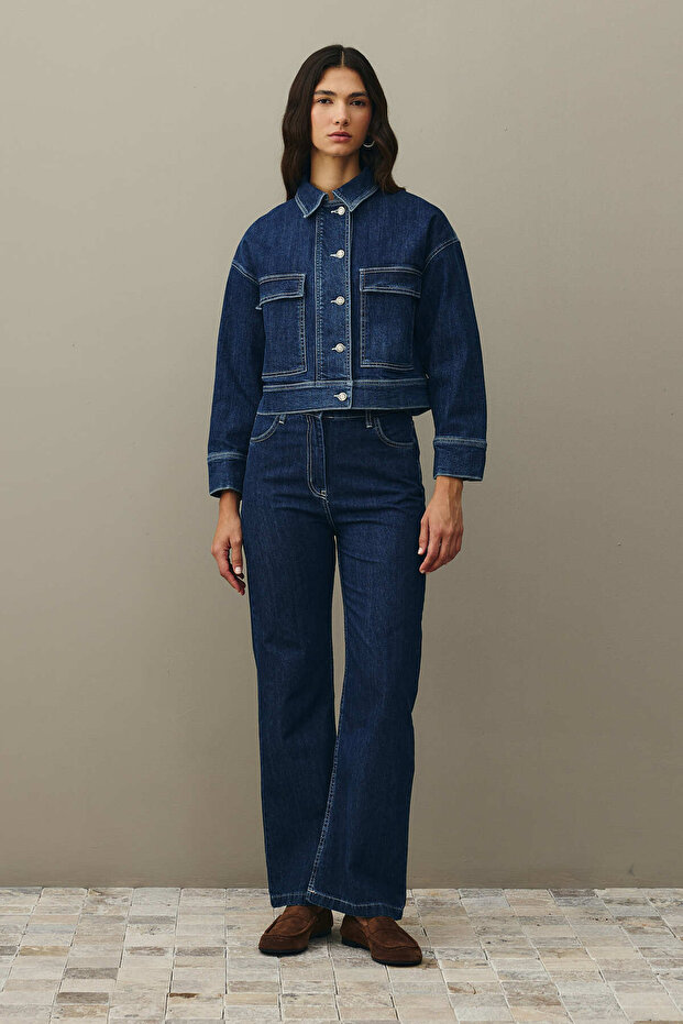 Denim Jacket with Pockets Dark Blue