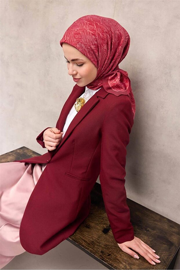 Viskose Velora Scarf Burgundy Maze Patterned Tok Duruşlu Non-Slip 90X90