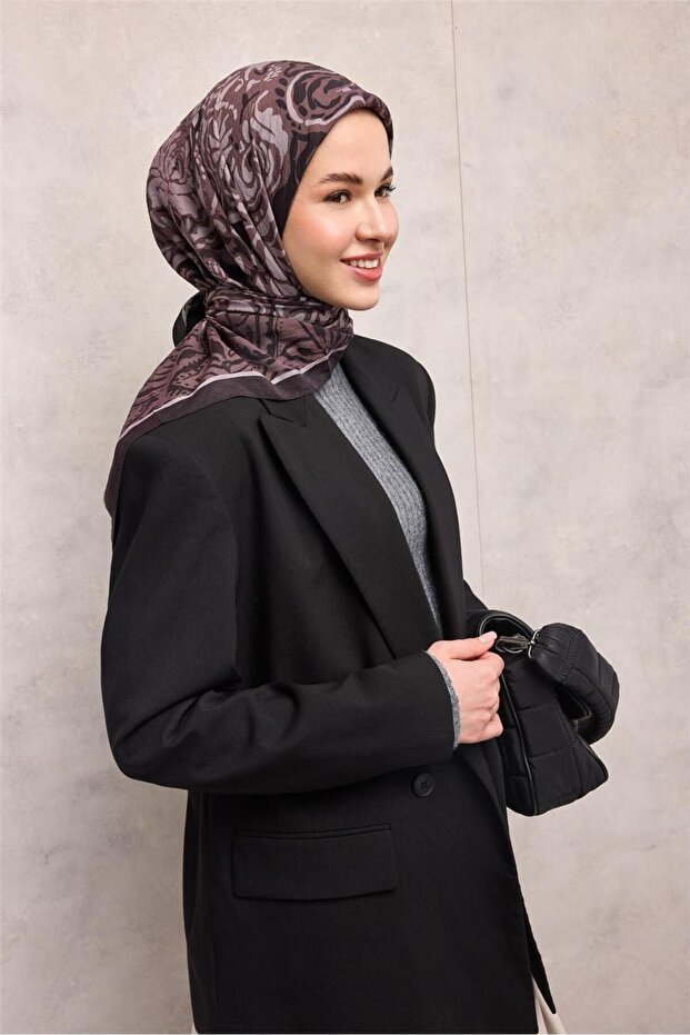 Viscose Velora Scarf Wine Purple Antique Patterned Tok Duruşlu 90X90