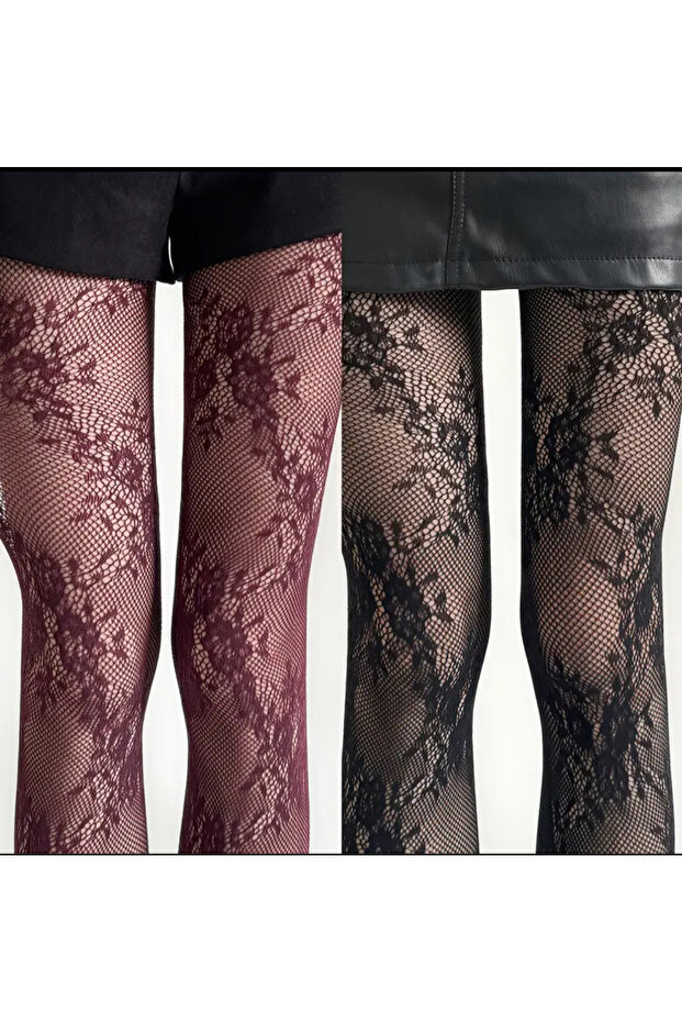 Women's Lace Patterned Pantyhose Set of 2 Claret Red and Black