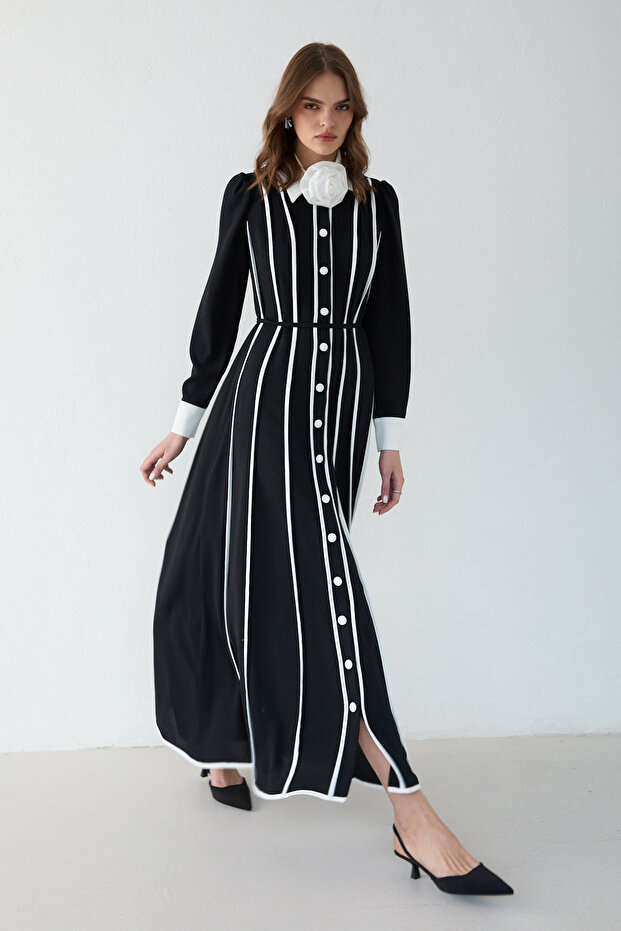 Piped Brooch Crepe Dress 32-2639