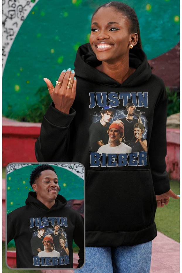 Unisex Illustrated Justin Bieber Printed Hooded Sweatshirt, Oversized Music Themed Hoodie