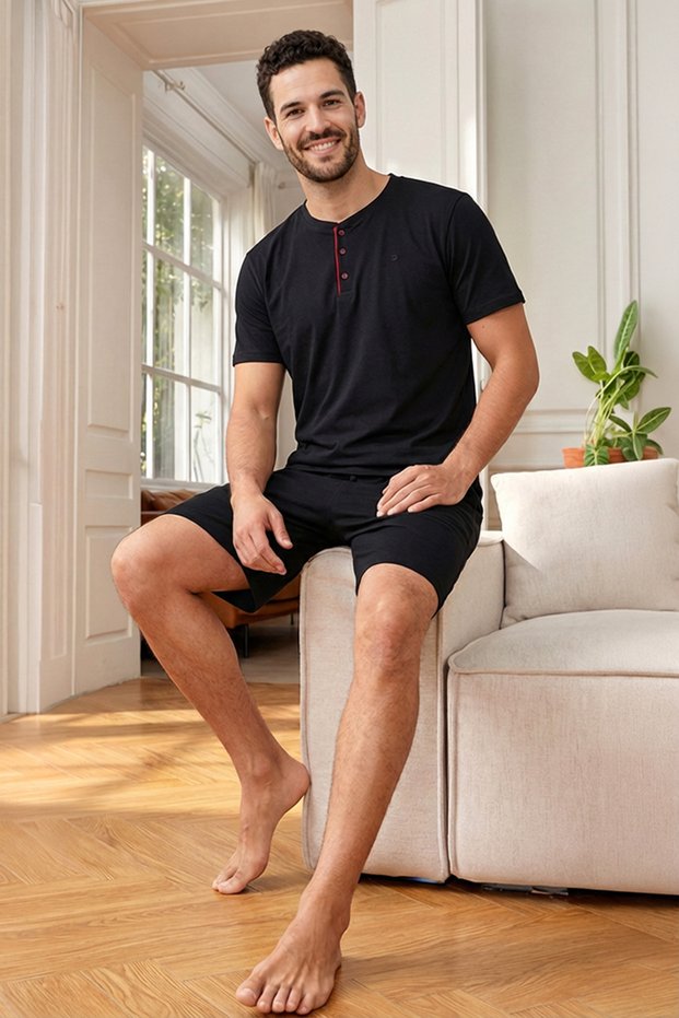 Men's Short Sleeve 3 Piece Combed Cotton Pajama Shorts Set