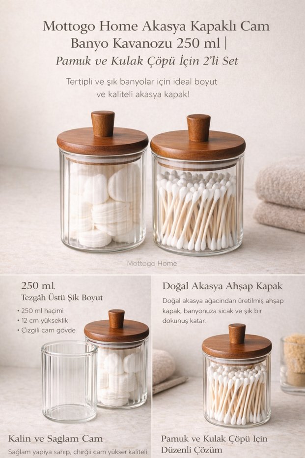 Acacia Lid Glass Bathroom Jar 250 ml – Set of 2 for Cotton and Earwax