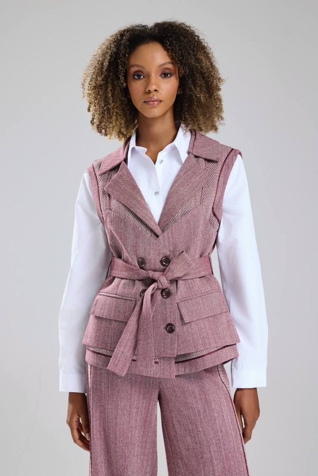 Women's Double Piece Look Vest with Belt Detail at the Waist