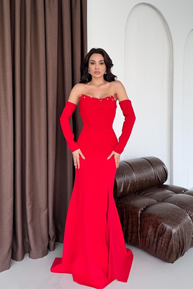 Red Bust Stone Detailed Underwire Evening Dress
