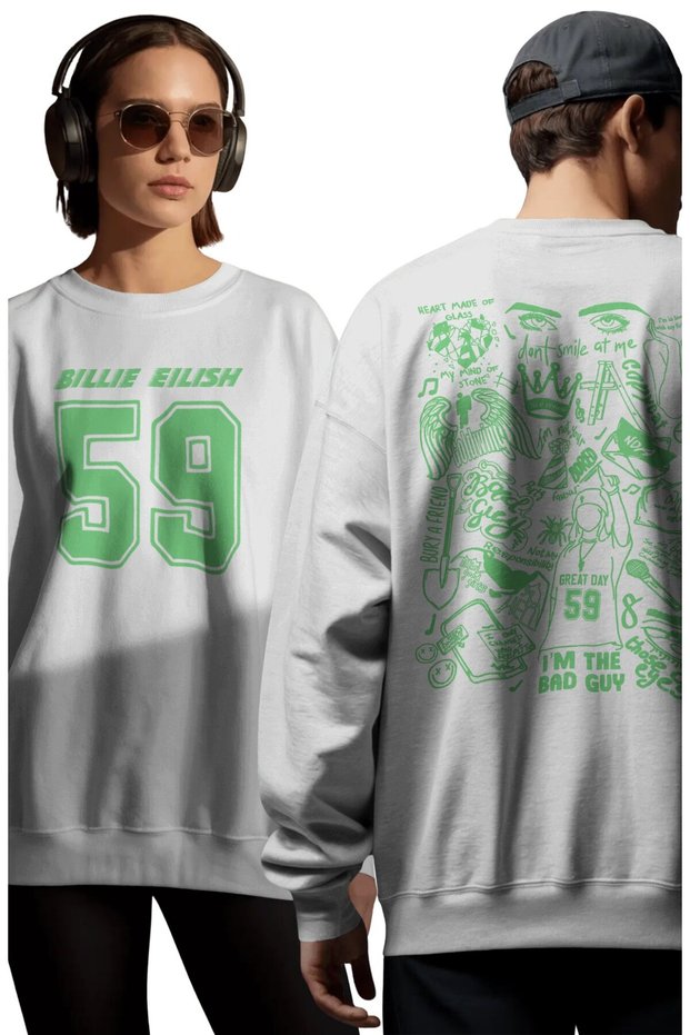 Unisex Oversized 59 Billie Eilish Back Printed Crew Neck Hoodless Sweatshirt