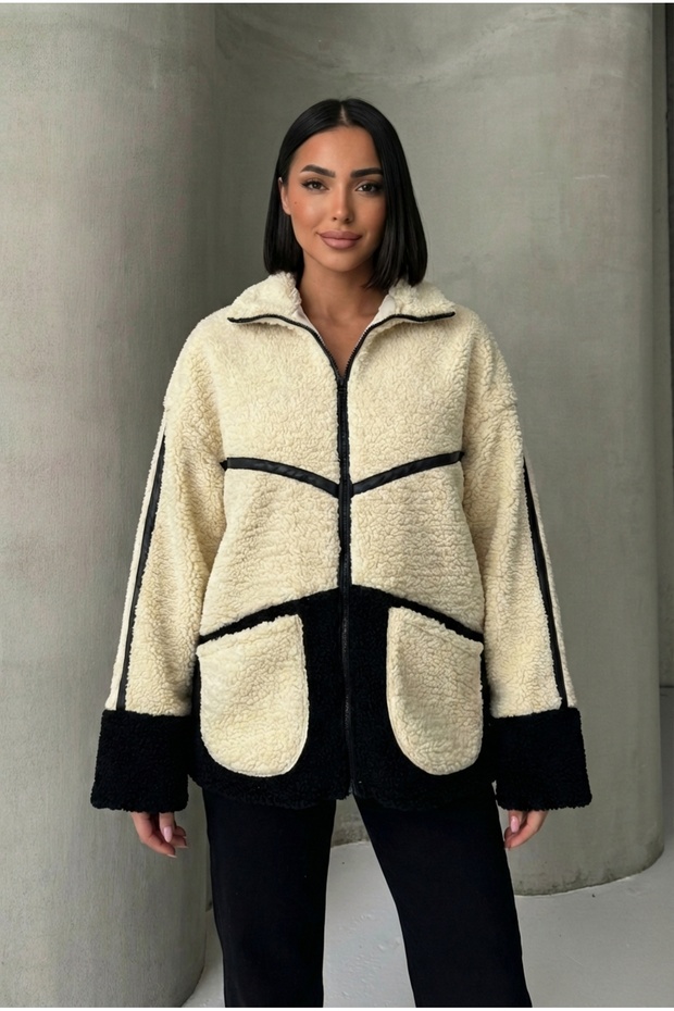 Women's Cream Black Plush Fleece Jacket