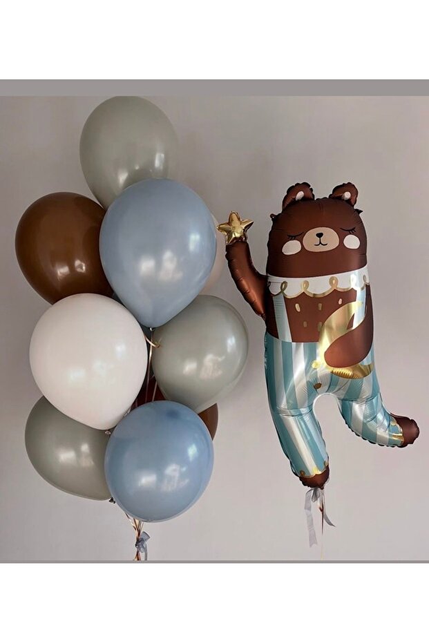 Coffee Gray Blue Beige Balloon Bundle Set 11 Pieces with Bear Foil Balloon