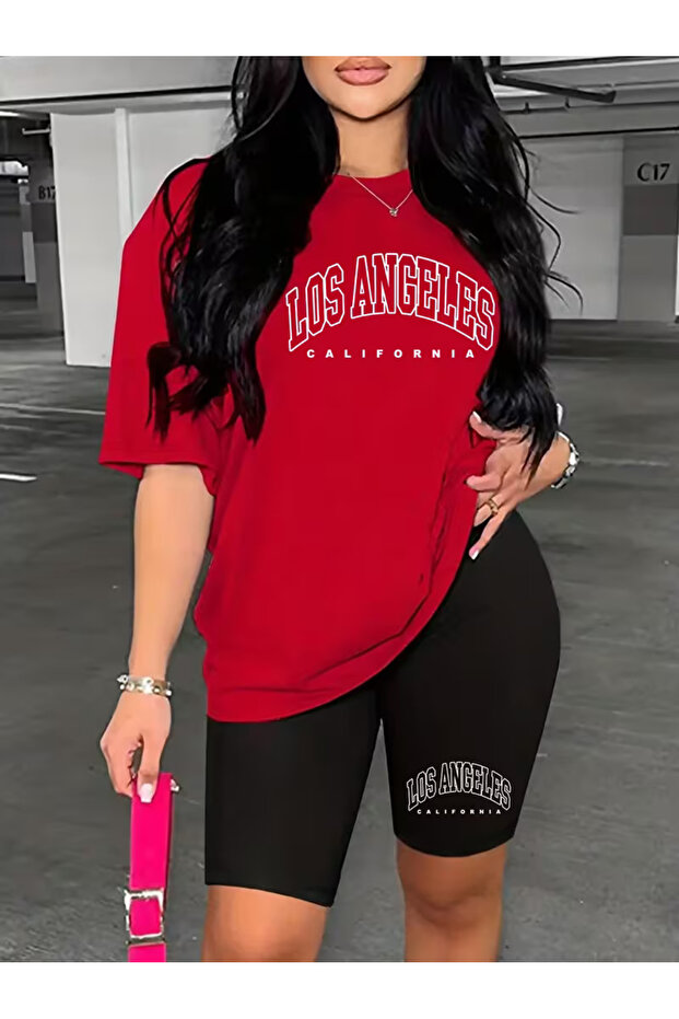 Women's Losangeles Printed T-Shirt and Short Leggings Bottom Top Set