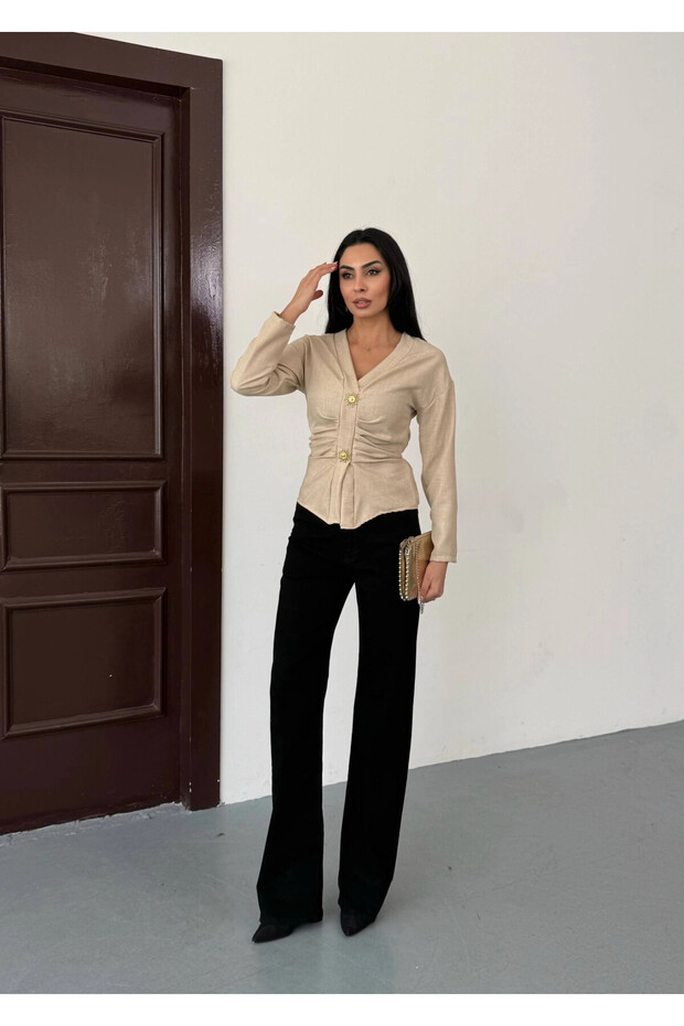 Women's Beige Double-Breasted Collar Gold Buttoned Gathered Long Sleeve Linen Blouse Hzl26W-Fry123701