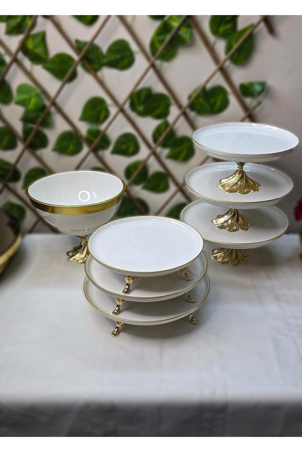 Elif 7 Piece Gold Detailed Metal Cast Porcelain Serving Plate Set with Metal Cast Legs