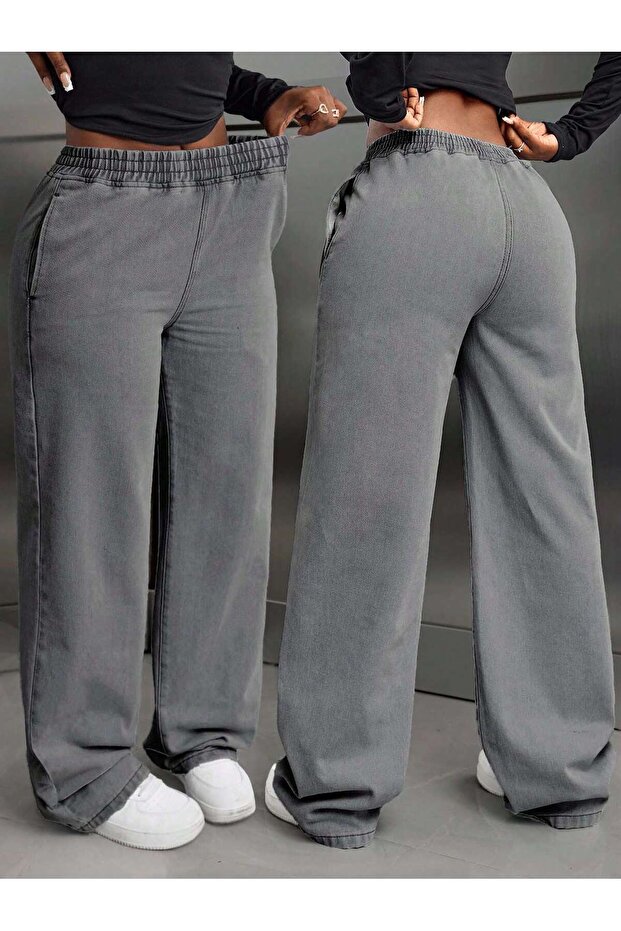 Women's Gray Elastic Waist Wide Leg Denim Pants