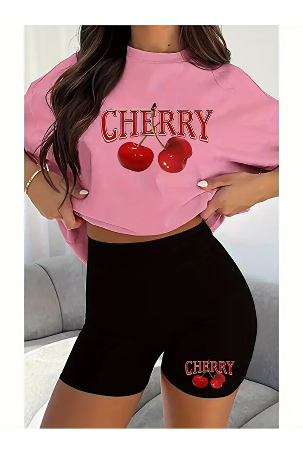 Women's Cherry Printed T-Shirt and Short Leggings Bottom Top Set