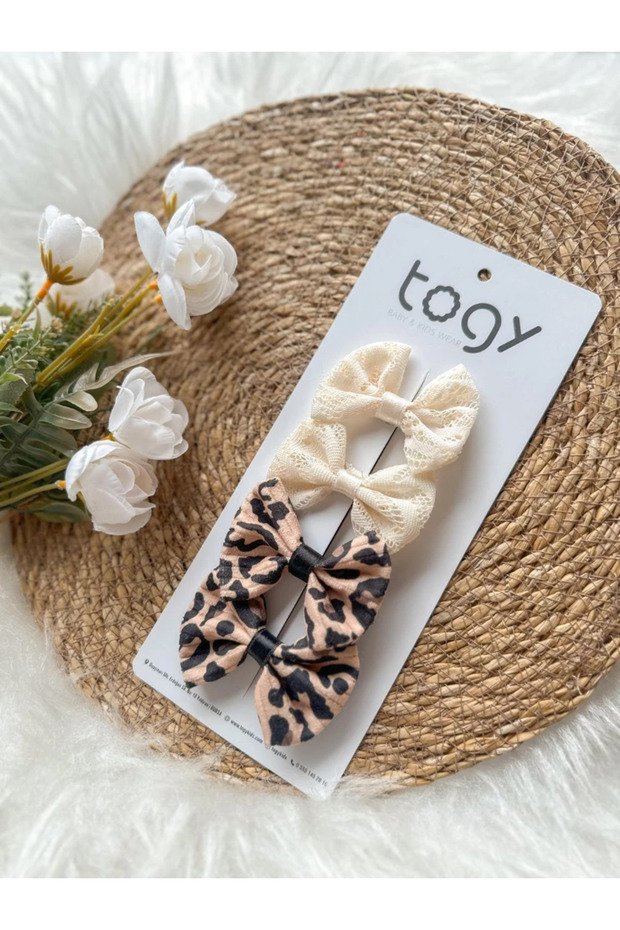 Cream Lace and Leopard Patterned Bow Girl's Baby Buckle Set