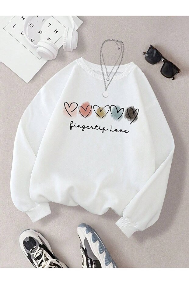 Five Hearts Printed Girls Winter Children's Sweatshirt White