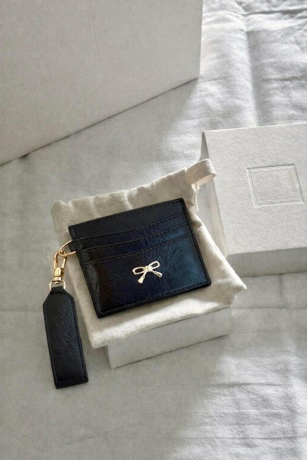Black Women's Shiny Pu Leather Card Holder with Bow Detail and Keychain