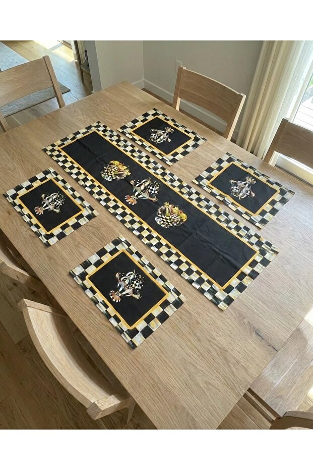 Black and White Square Patterned Runner & 4-Piece Square Placemat Set