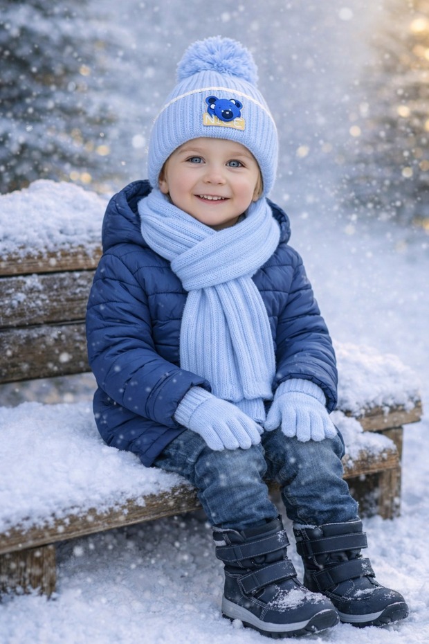 5-10 Years Old Children's Cotton Scarf, Beanie, Gloves Set, Set of 3 with Playing Teddy Bear Logo
