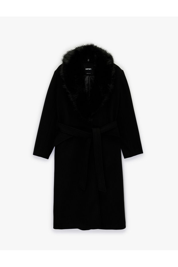 Long Sleeve Detachable Faux Fur Collar Belted Cashmere Coat