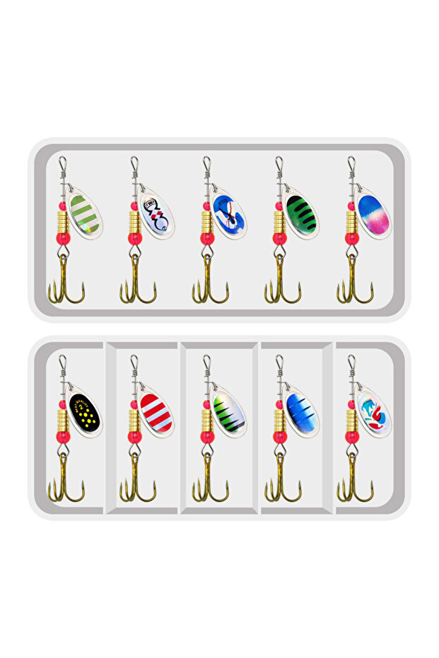 WHITE 10PCS Spinner Fishing Lure Set Treble Hooks Metal Blade Tackle Box Freshwater Bass Trout Perch