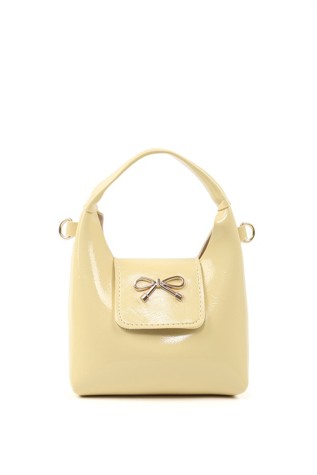 Wrinkled Textured Yellow Shk214 Single Compartment Handbag, Arm Bag, and Shoulder Bag with Bow Detail, Snap Closure, and Crossbody Strap