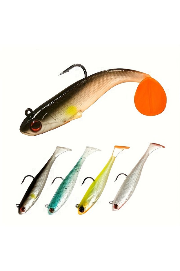 size M 5pcs 5PCS Pre-Rigged Jig Head Soft Fishing Lures, Paddle Tail Swimbaits For Bass Fishing,