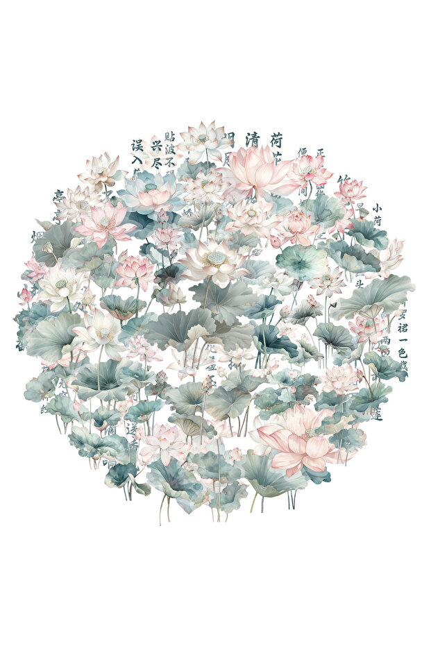 50pcs Bview Art 50pcs Chinese Style Lotus PET Stickers, Waterproof Scrapbook Stickers for Multi-Surf