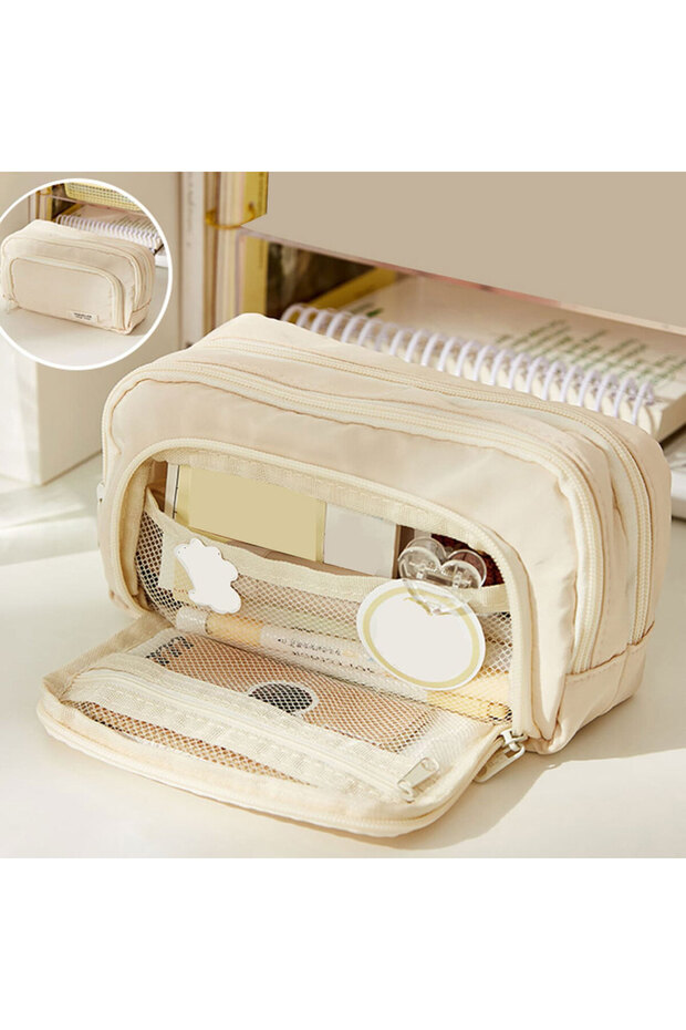 Beige Pencil Case Large Capacity Pencil Pouch Handheld Pen Bag Cosmetic Portable Gift for Office Sch