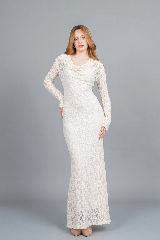 Women's Winter Ecru Degaje Collar Guipure Detailed Lined Tulle Slim Long Dress Stylish Daily Comfortable 50365