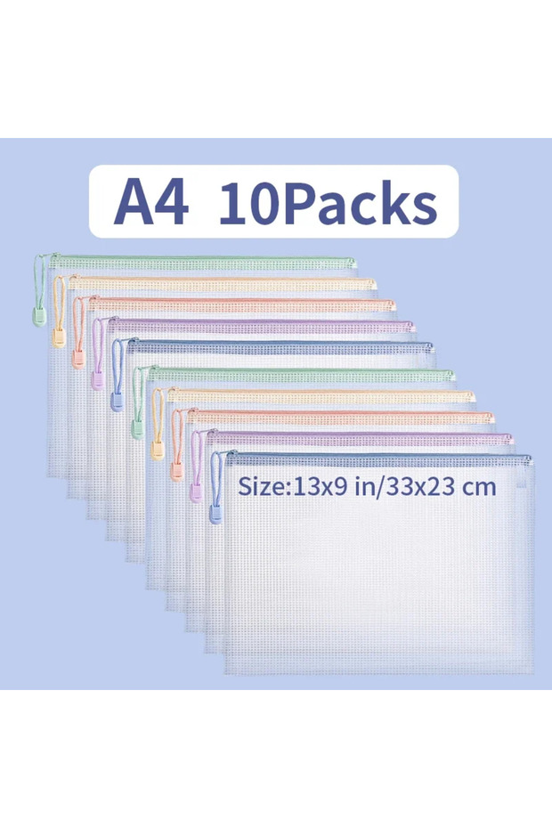 A4 10PCs Zipper Mesh Bags A4/A5 Plastic Zipper Bags For Organizing Waterproof Clear Travel Bags Offi