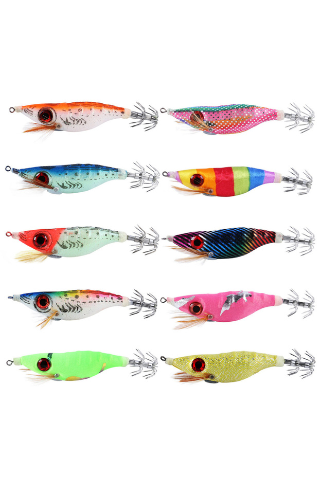 A Set 10pcs Sougayilang 3D Biomimetic Squid Bait with Multi-color Fluorescent Tape and Lead Pendant