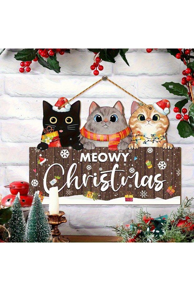 1pc 1pc 2D Flat, 2D Flat Christmas Wooden Hanging Ornament - Set of 3 Cats with Santa Hats and Scarv