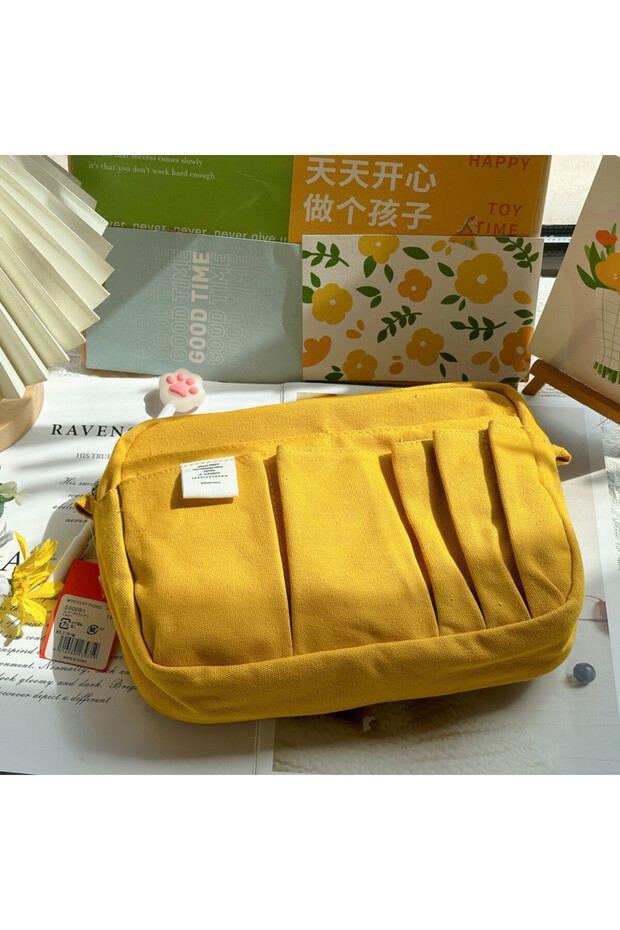 Yellow-M Large Capacity Canvas Storage Bag Simple Design For High School Students Multi-Layer Pencil