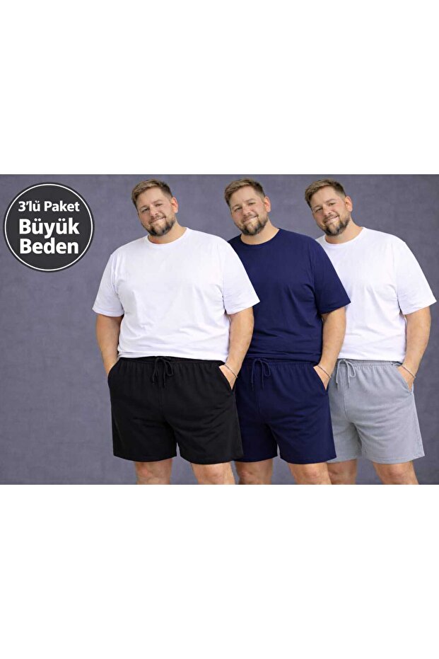 Black-Dark Blue-Grey Comfortable Lace-Up Pocket Detailed Oversized Plus Size Men's Shorts
