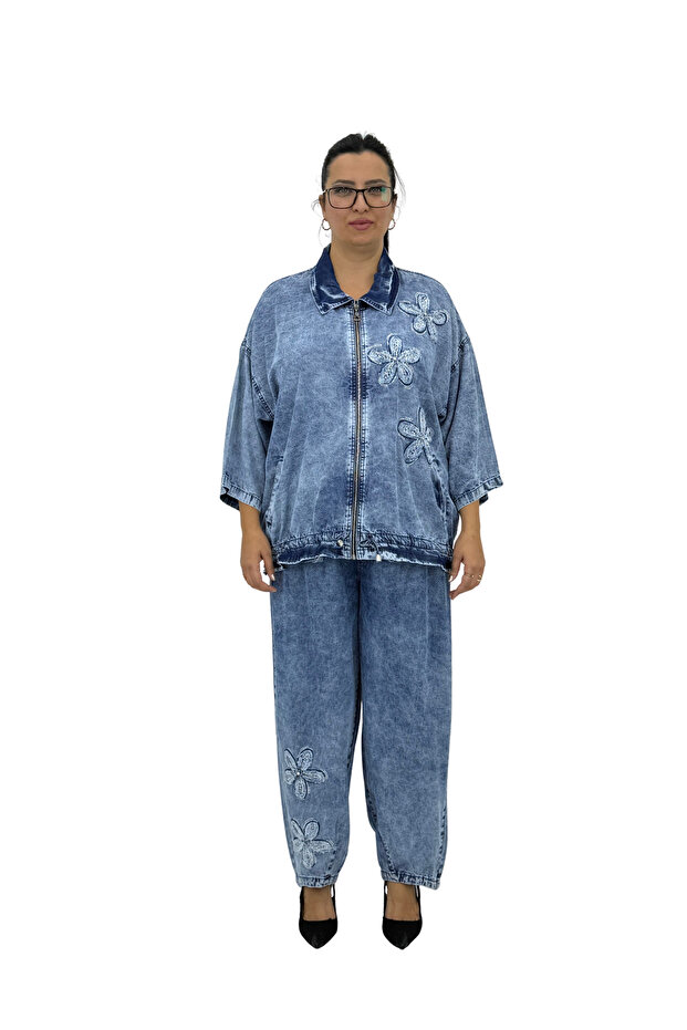 Plus Size Tencel Tie Detail Stone Flower Motif Top and Bottom Set