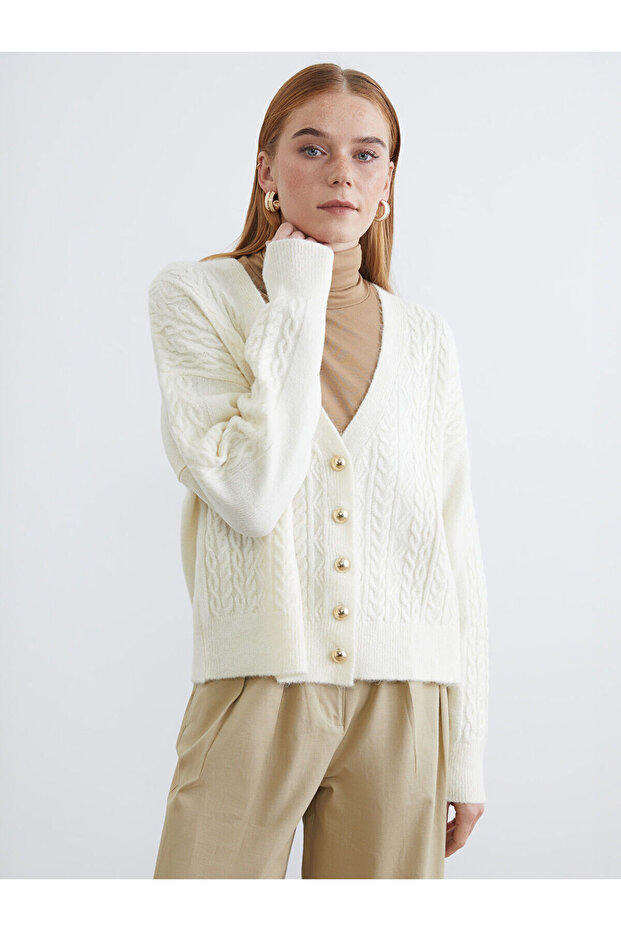 Ecru V-Neck Self-Patterned Women's Knitwear Cardigan