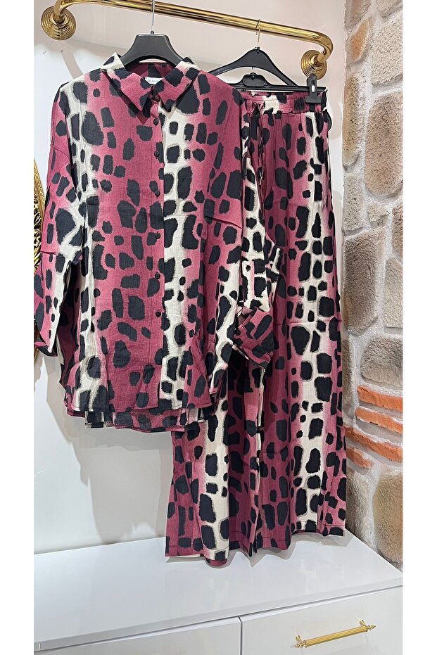 طقم مكون من قطعتين من الكتان بنقشة الفهد - 4