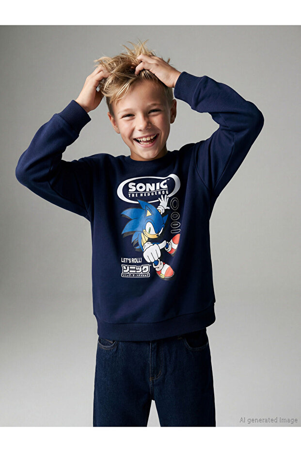 Lcw Kids Navy Blue Sonic Printed Boys' Thick Sweatshirt W5Nm88Z4