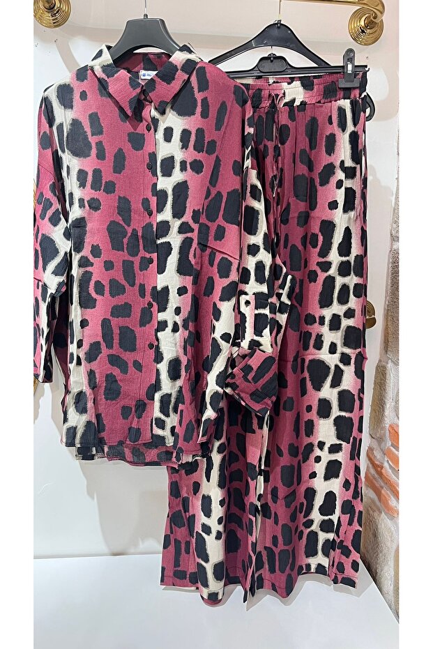 طقم مكون من قطعتين من الكتان بنقشة الفهد - 3