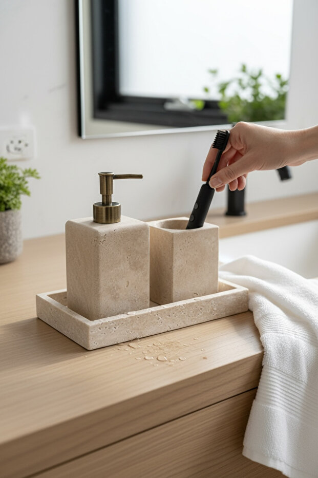 Travertine Soap Dish and Toothbrush Holder Natural Marble Stone Bathroom Set First Quality Marble Aged Antique