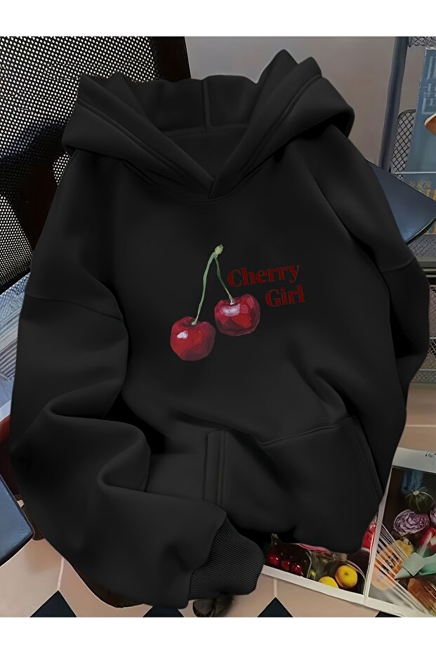 Unisex Cherry Girl Printed Hooded Comfortable Fit Oversized Cut Sweatshirt with Kangaroo Pocket