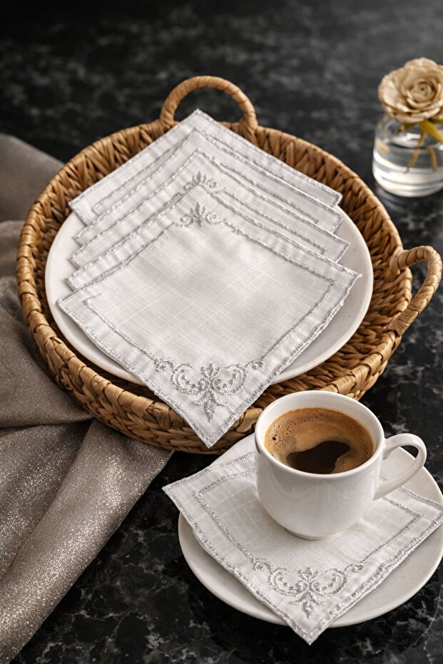 Set of 6 White Silver Embroidered Presentation Napkins Coffee and Tea Coasters