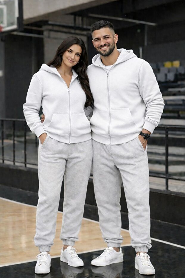 Double Yarn Brushed Inside Unisex Zippered Cardigan - Full Fit 2'li Tracksuit Set with Elastic Hem