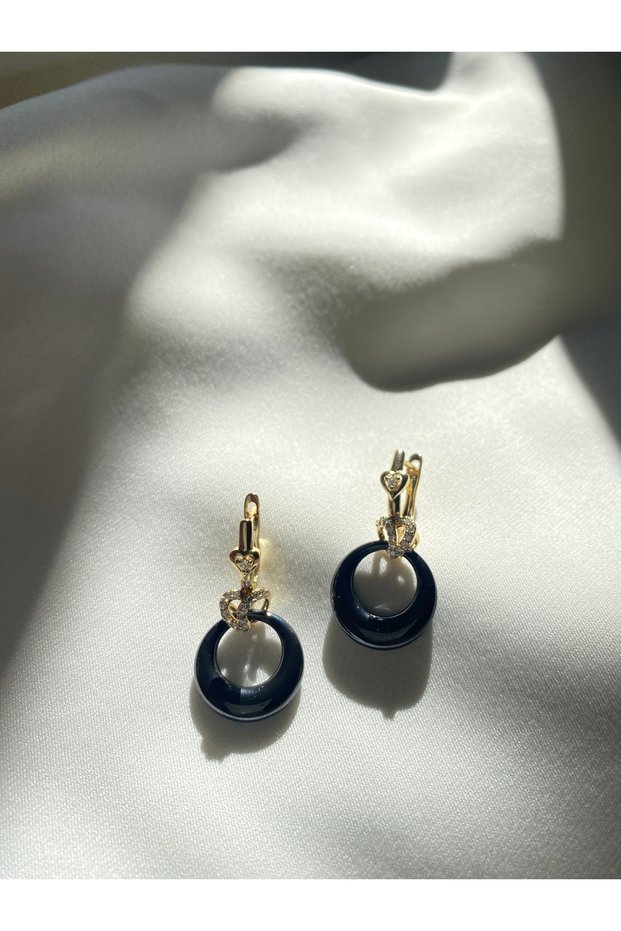Gold Dangle Earrings with Black Ring Detail