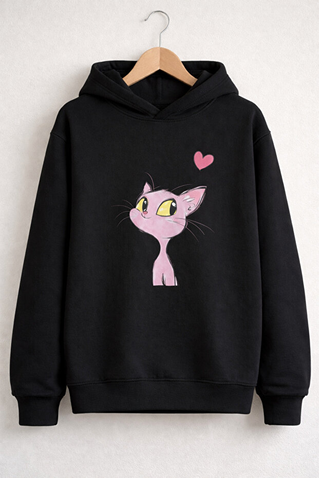 Unisex 100% Cotton Heart Cat Printed Children's Hooded Sweatshirt