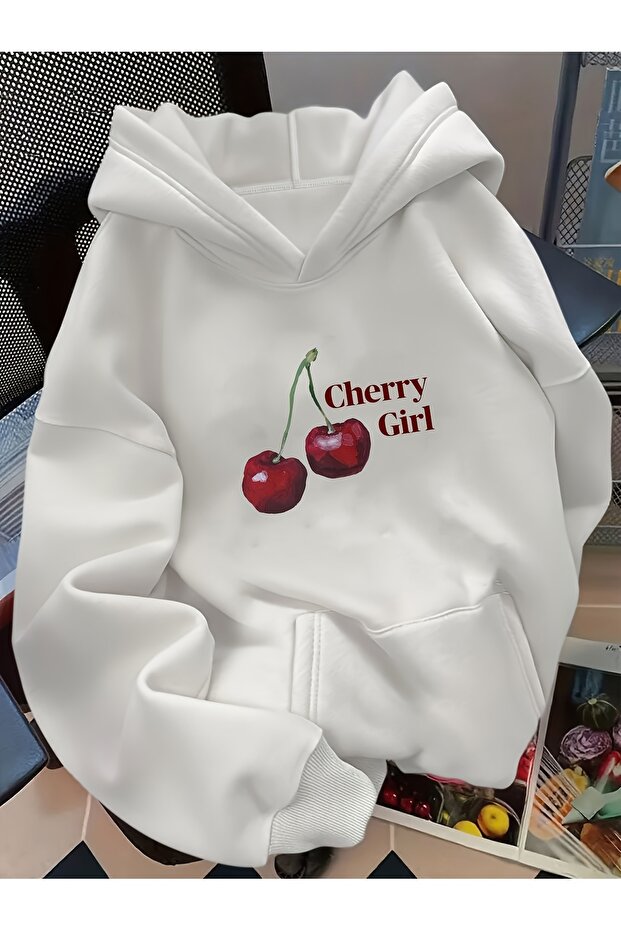 Unisex Cherry Girl Printed Hooded Comfortable Fit Oversized Cut Sweatshirt with Kangaroo Pocket