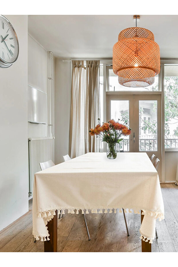 Organic Raw Linen Cream Rusty Fringed Tablecloth