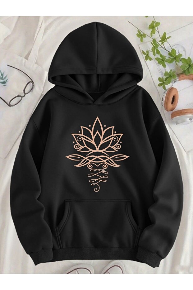 Unisex Yoga Lotus Printed Hooded Comfortable Fit Oversized Cut Sweatshirt with Kangaroo Pocket
