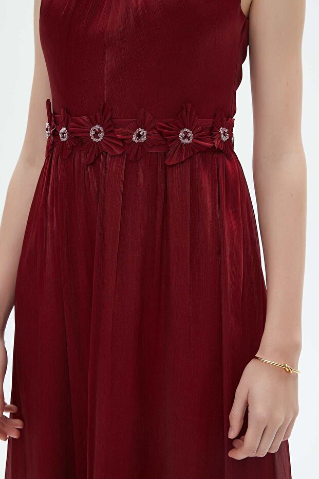 Red Solid Maxi Belted Dress - 4